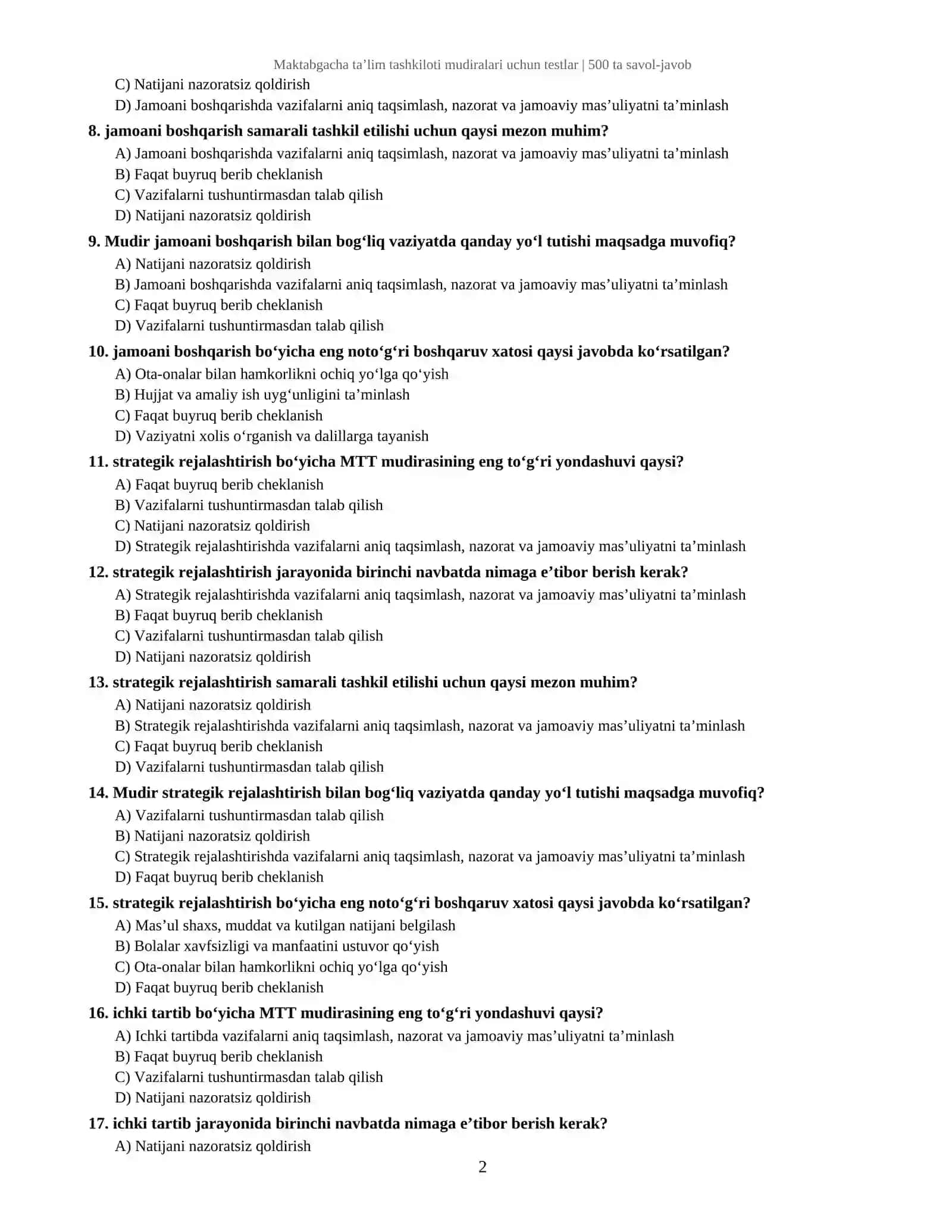 MAKTABGACHA TA’LIM TASHKILOTI MUDIRALARI UCHUN TESTLAR TO‘PLAMI 2