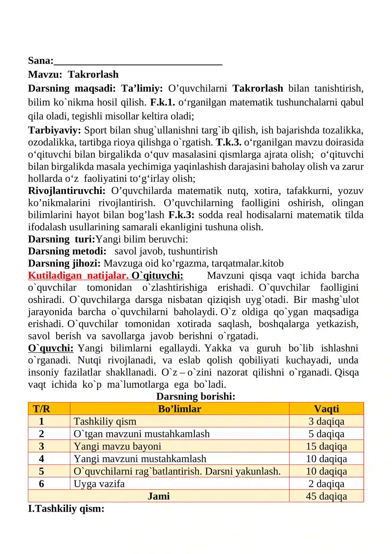 Takrorlash mavzusida 3-sinf Matematika fanidan dars ishlanmasi 2