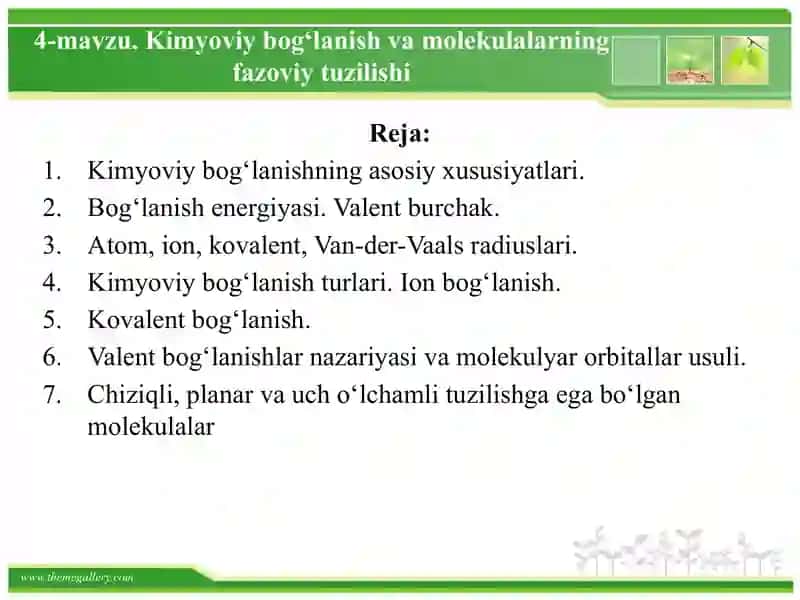 Kimyoviy bogʻlanish va molekulalarning fazoviy tuzilishi 2