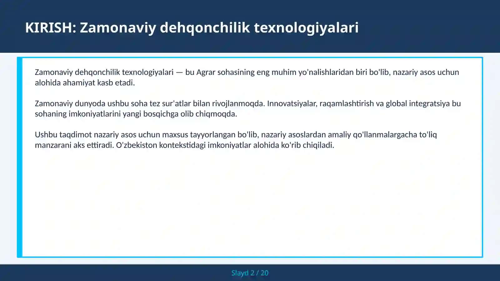ZAMONAVIY DEHQONCHILIK TEXNOLOGIYALARI 2