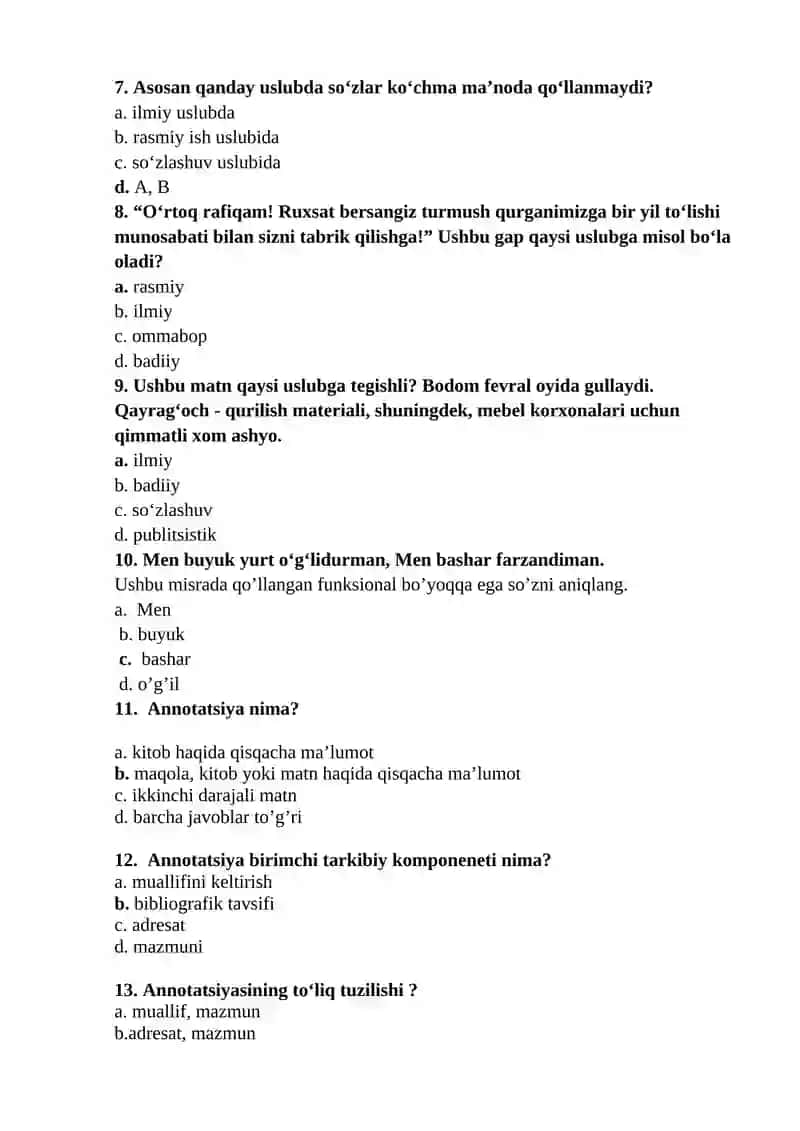 Akademik yozuv fanidan "NUTQ USLUBLARI. ANNOTATSIYA. ANNOTATSIYA TURLARI. ANNOTATSIYA UCHUN LEKSIK VA GRAMMATIK KLISHELAR" mavzusida test savollari (javoblari bilan) 2