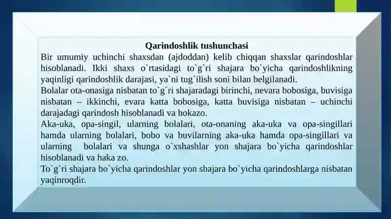 QON-QARINDOSHLIK VA BOLALARNING NASL-NASABINI BELGILASH 2
