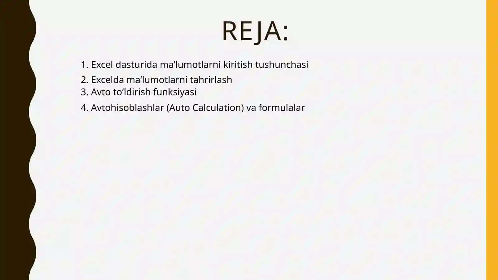 Ma’lumotlarnikiritish va tahrirlash. Excel dasturida avtoto'ldirishlar va avtohisoblashlar, matematik va iqtisodiy masalalarni yechish 2