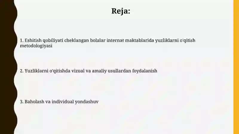 Eshitishida nuqsoni boʻlgan bolalar maktab internatlarida yuzlik mavzusini oʻqitish metodikasi 2