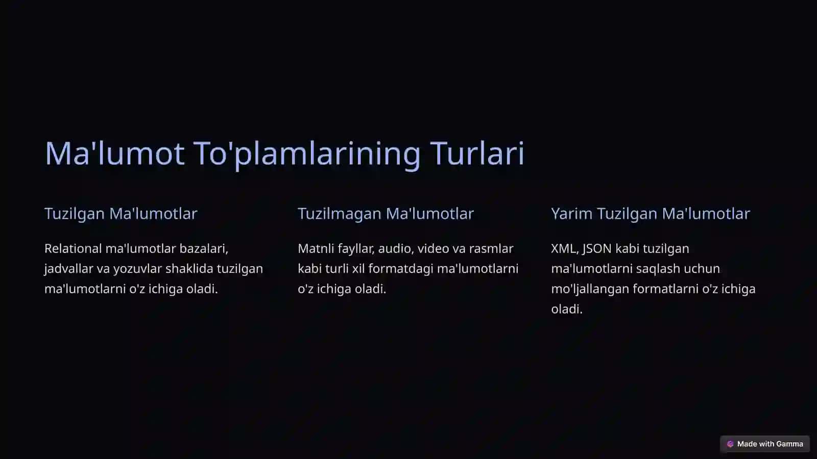 Katta Ma'lumotlar To'plamlari va Axborot Omborlarini Boshqarish 2