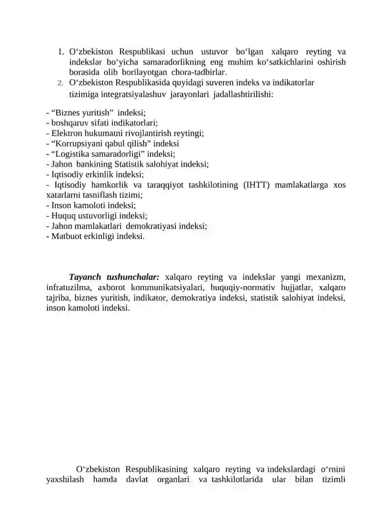 O‘zbekiston Respublikasi uchun ustuvor bo‘lgan xalqaro reyting va indekslar 2