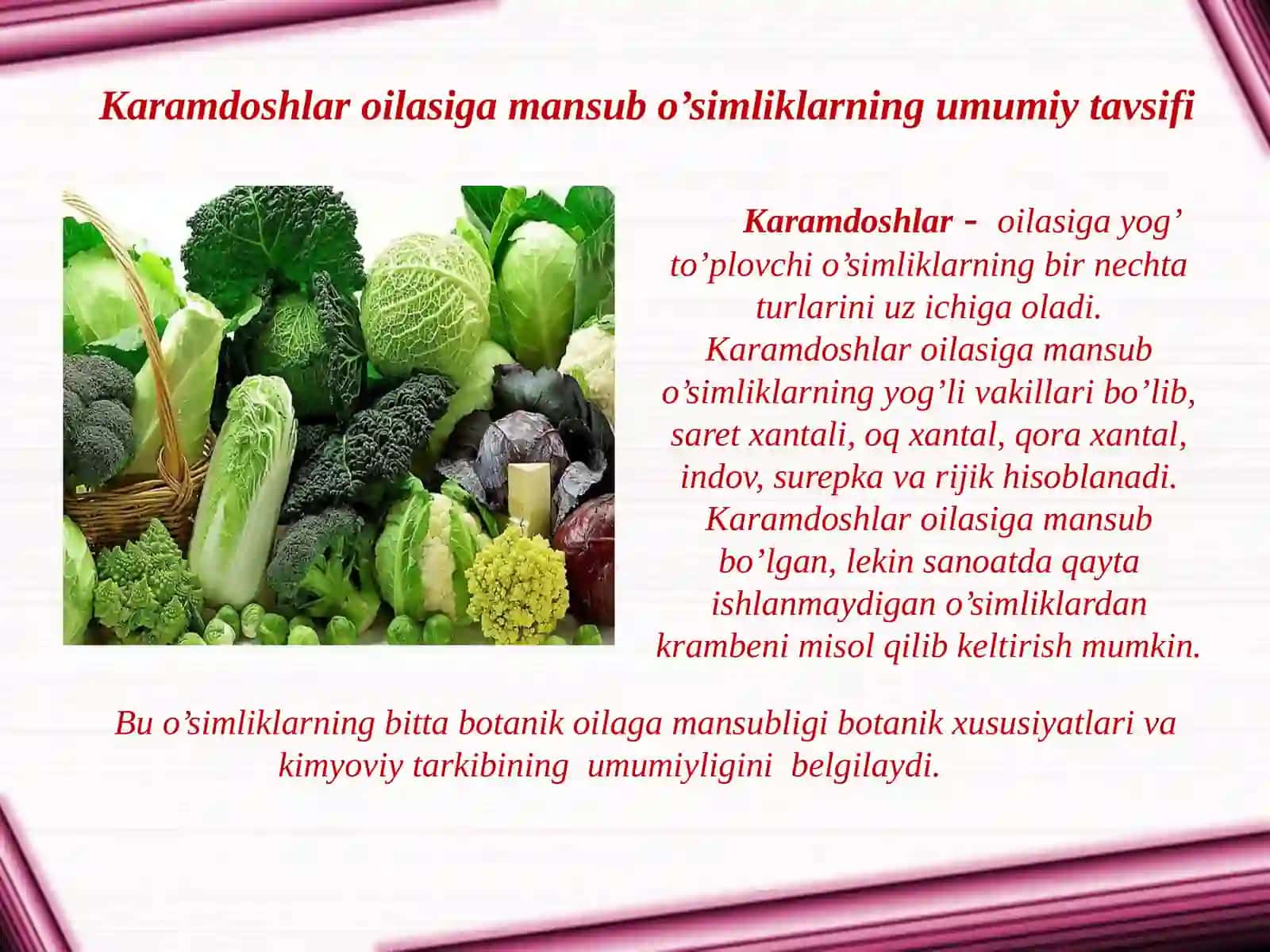 Karamdoshlar va dukkakdoshlar oilasi ga kiruvchi o’simliklar 2