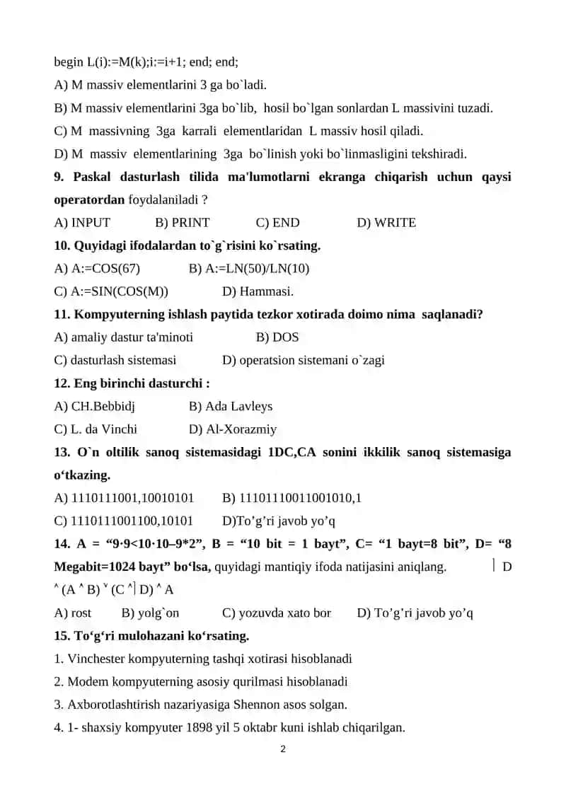 Informatika testlar 2