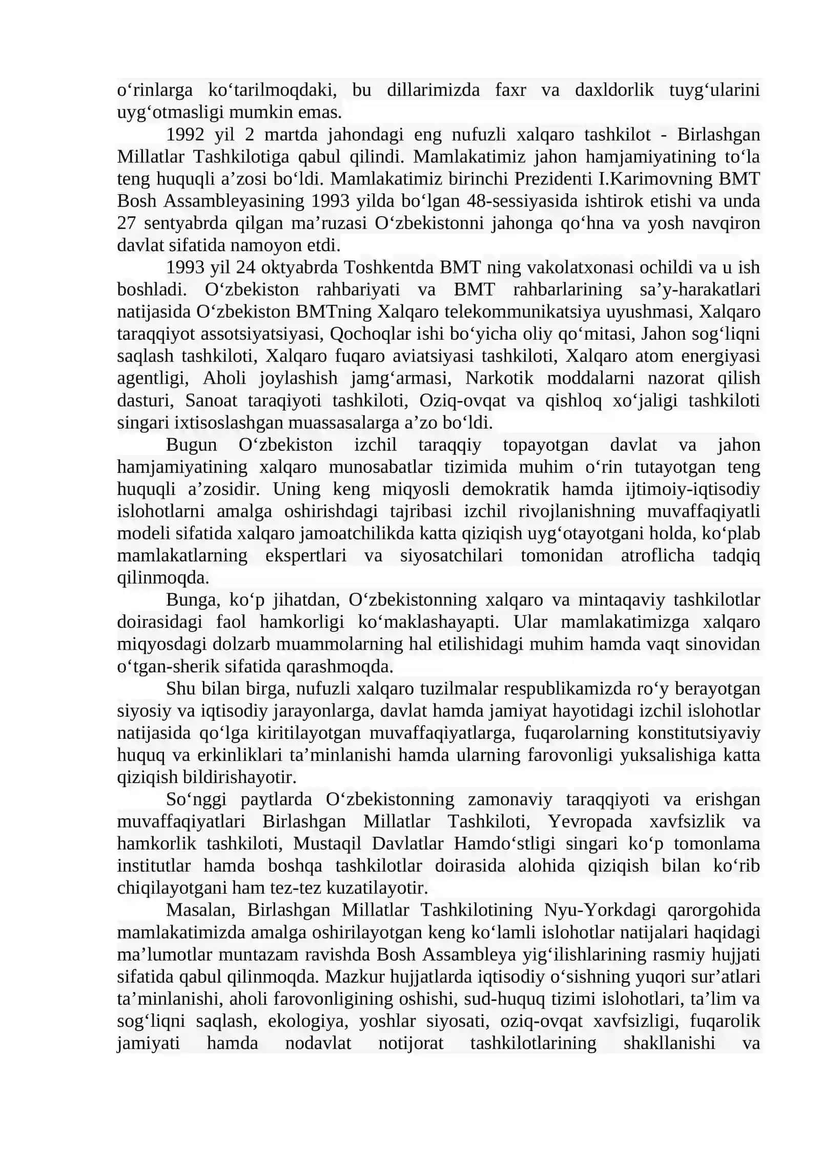 O'ZBEKISTON VA JAHON HAMJAMIYATI. O‘ZBEKISTONNING TINCHLIKSEVAR TASHQI SIYOSATI VA UNING JAHON HAMJAMIYATI TOMONIDAN TAN OLINISHI 2