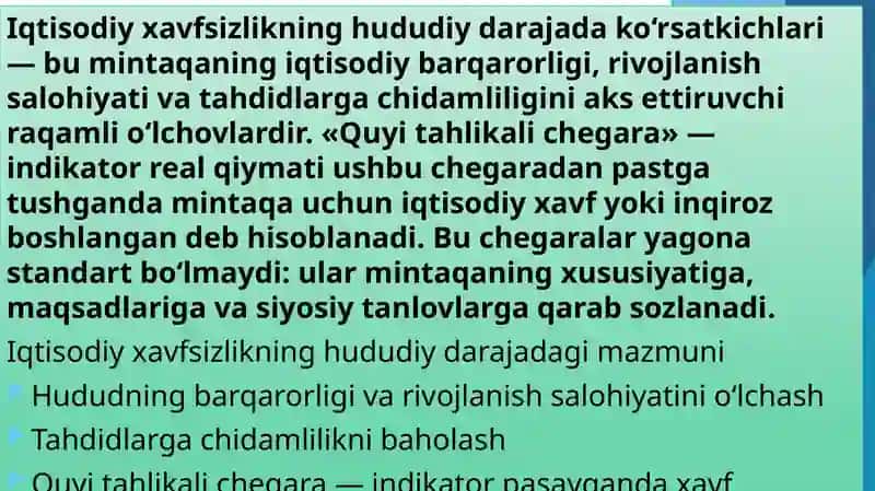 Iqtisodiy xavfsizlikning hududiy darajada ko‘rsatkichlari 2