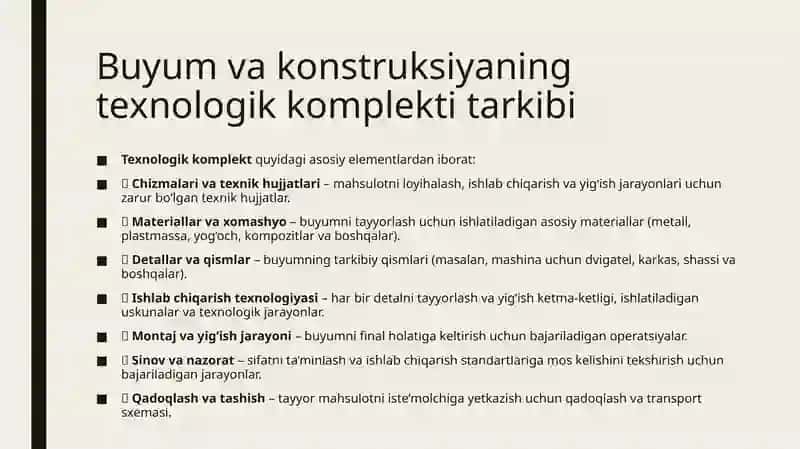 Buyum va konstruksiyaning texnologik komplekti. Ishlab chiqarishda mehnat sarfi 2