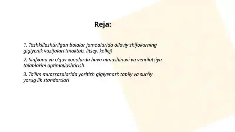 Tashkillashtirilgan bolalar jamoalarida oilaviy shifokor ishining gigiyenik jihatlari (maktab, litsey, kollej) 2