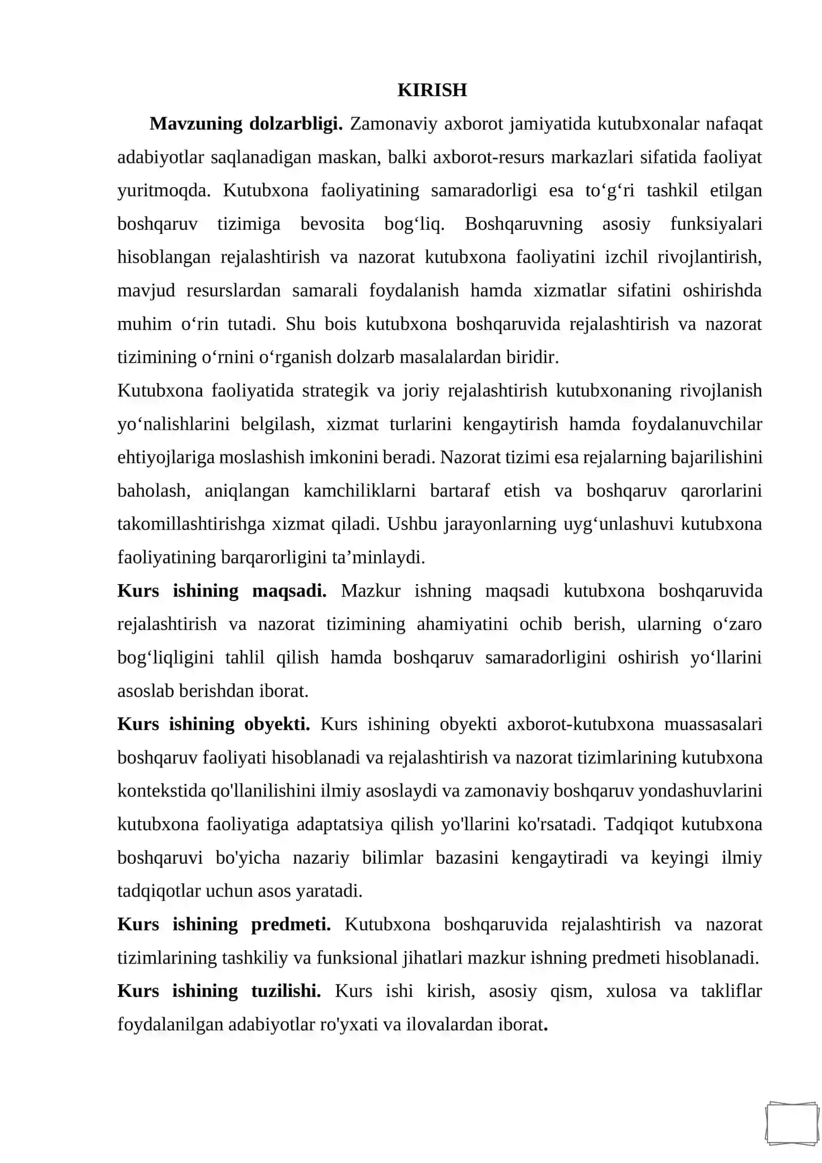 Kutubxona boshqaruvida rejalashtirish va nazorat tizimini tashkil etish kurs ishi 2
