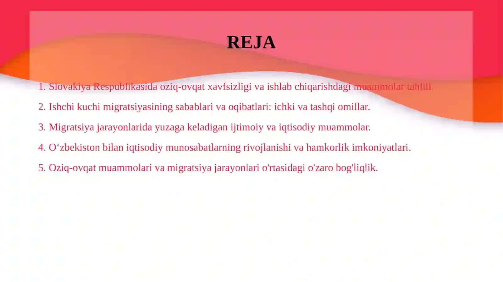 Slovakiya Respublikasining oziq ovqat muammosi, ishchi kuchi migratsiyasi va migratsiya jarayonlaridagi muammolar va Oʻzbekiston bilan olib borilayotgan iqtisodiy munosabatlar tahlili1 2