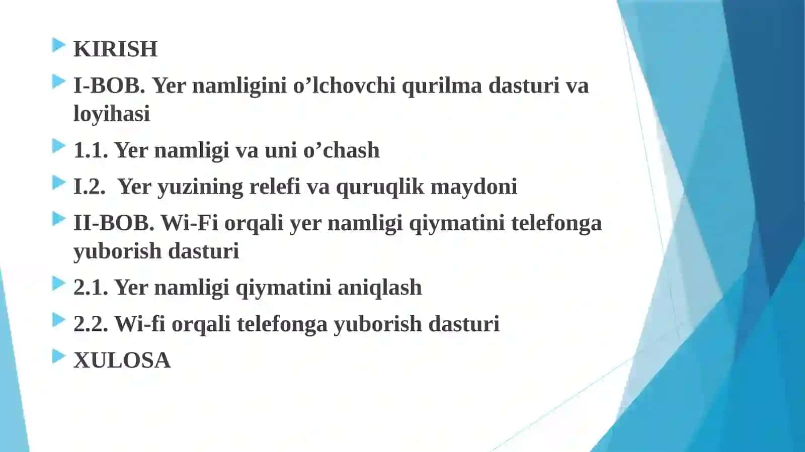 Yer namligini olchovchi qurilma dasturi va loyihasini yaratish va wifi orqali uning qiymatini telefonga yuborish dasturini yaratish 2