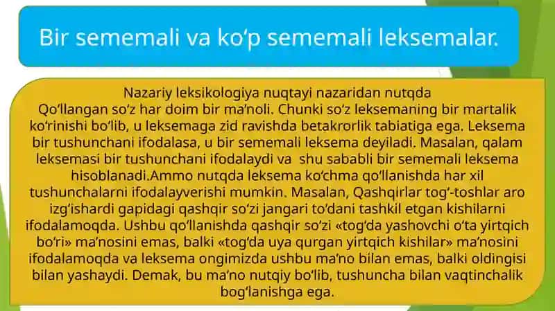 Semema va sema munosabati . Sema turlari. Monosemiya      va polisemiya. 2