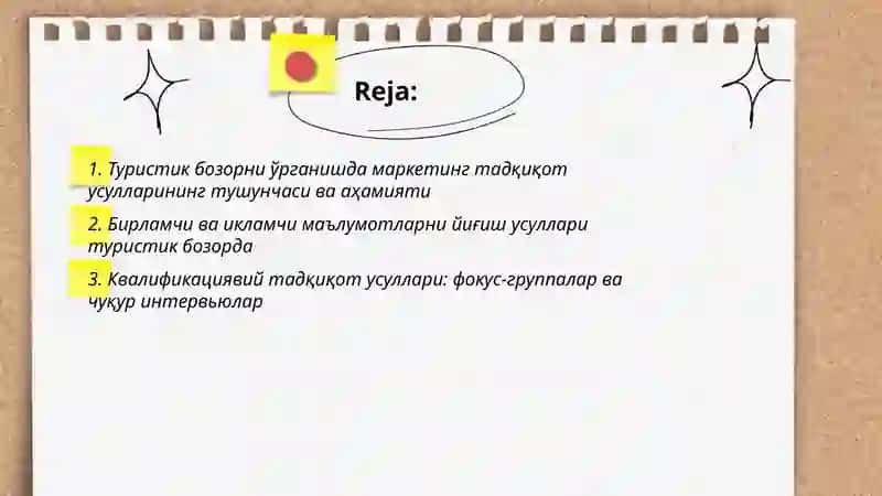 Туристик бозорни ўрганишда маркетинг тадқиқот усуллари 2
