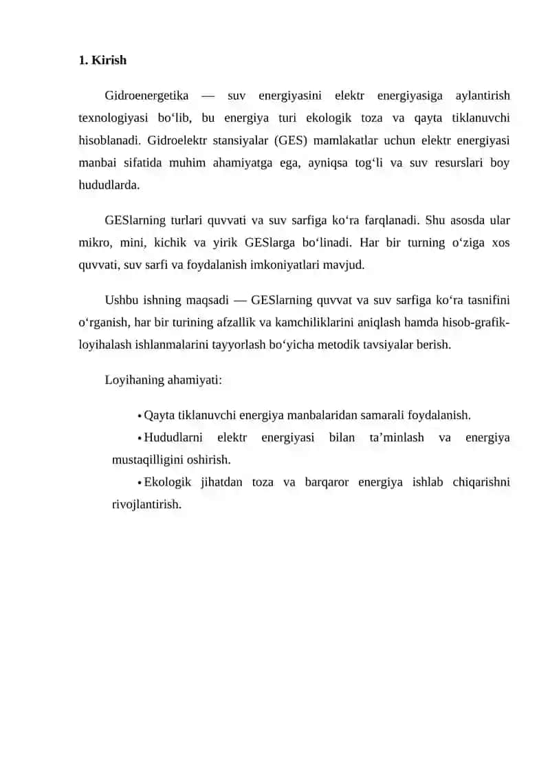 GESlarning quvvati va suv sarfiga ko‘ra tasniflanishi 2
