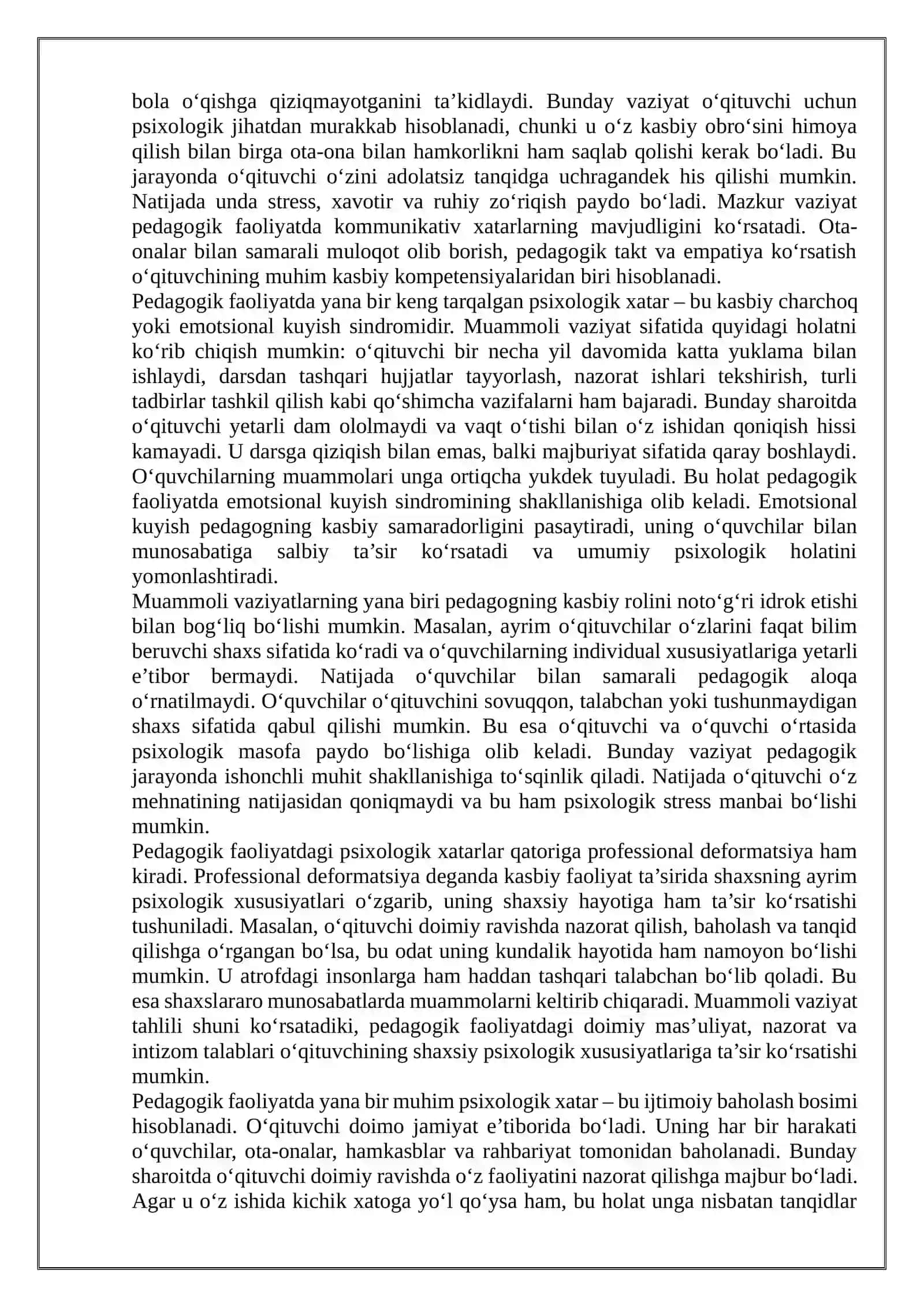 Pedagogika kasbining psixologik xatarlari. 2
