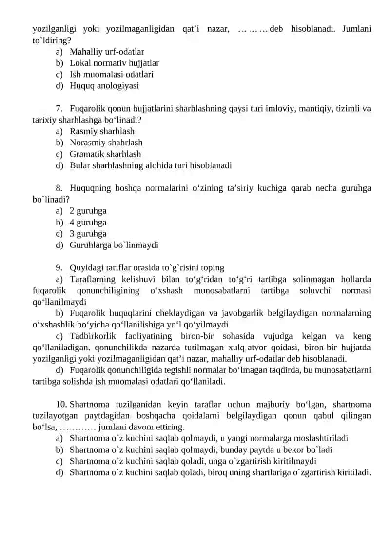 Fuqarolik huquqini o'rganish test savollari 2