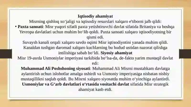 Misrning qishloq xo‘jaligi va iqtisodiy resurslari 2