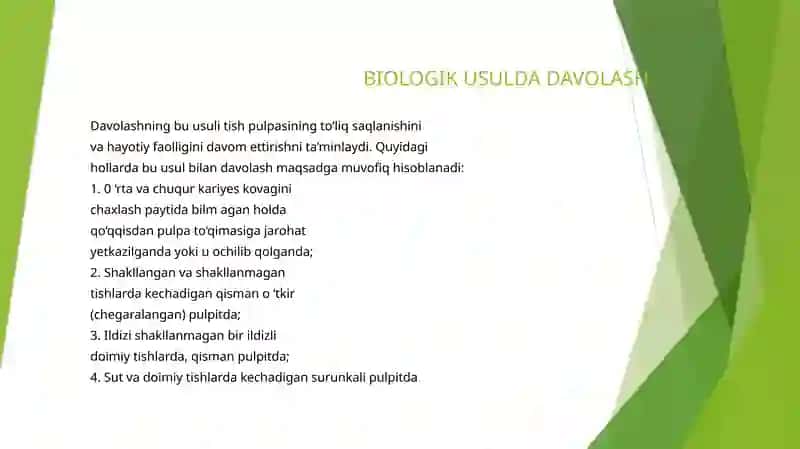 Pulpitlarni biologik davolash usuli. Ko’rsatma o’tqazish texnikasi. Pulpitlarni biologik davolashda yuzaga keluvchi xato va asoratlar 2