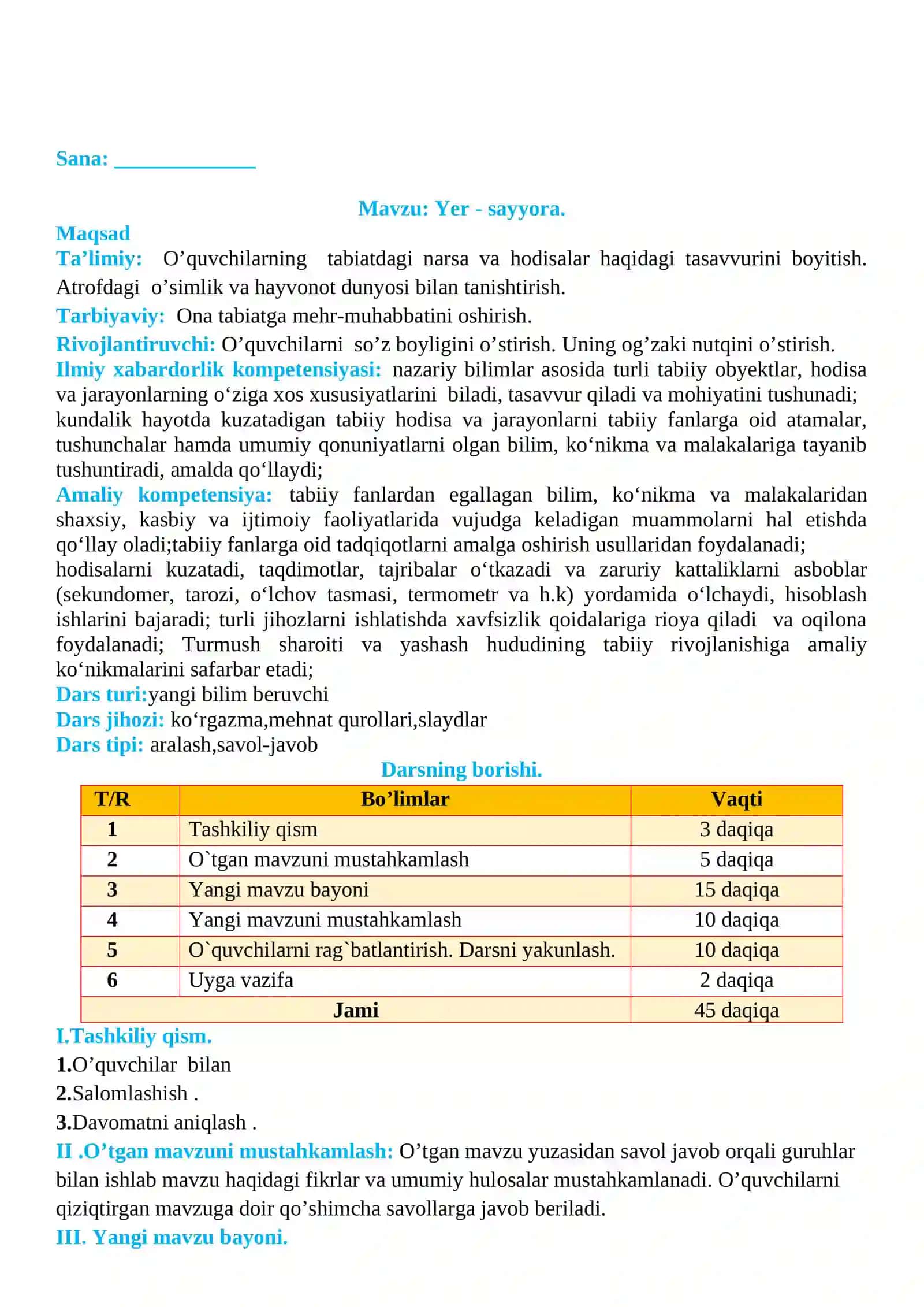 2-sinf Tabiiy fan (Science) Yer - sayyora mavzusida dars ishlanma 2