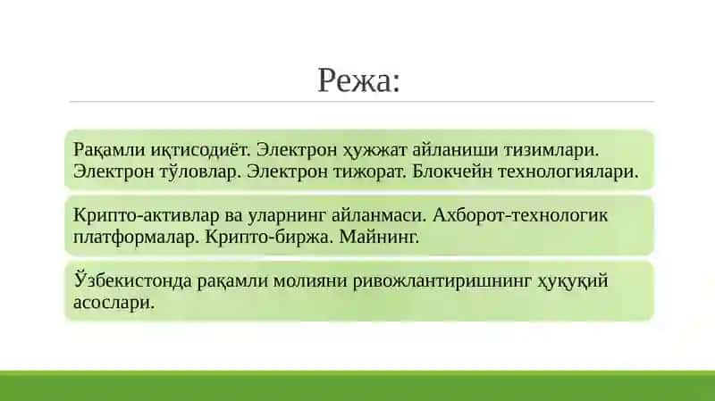 Ўзбекистонда рақамли молияни ривожлантириш ва крипто-биржалар фаолиятини ташкил этиш масалалари 2