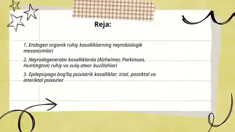 Endogen organik va neyrodegenerativ ruhiy kasalliklar Epilepsiya va Bosh miya jarohatiga bog’liq ruhiy kasalliklar 2