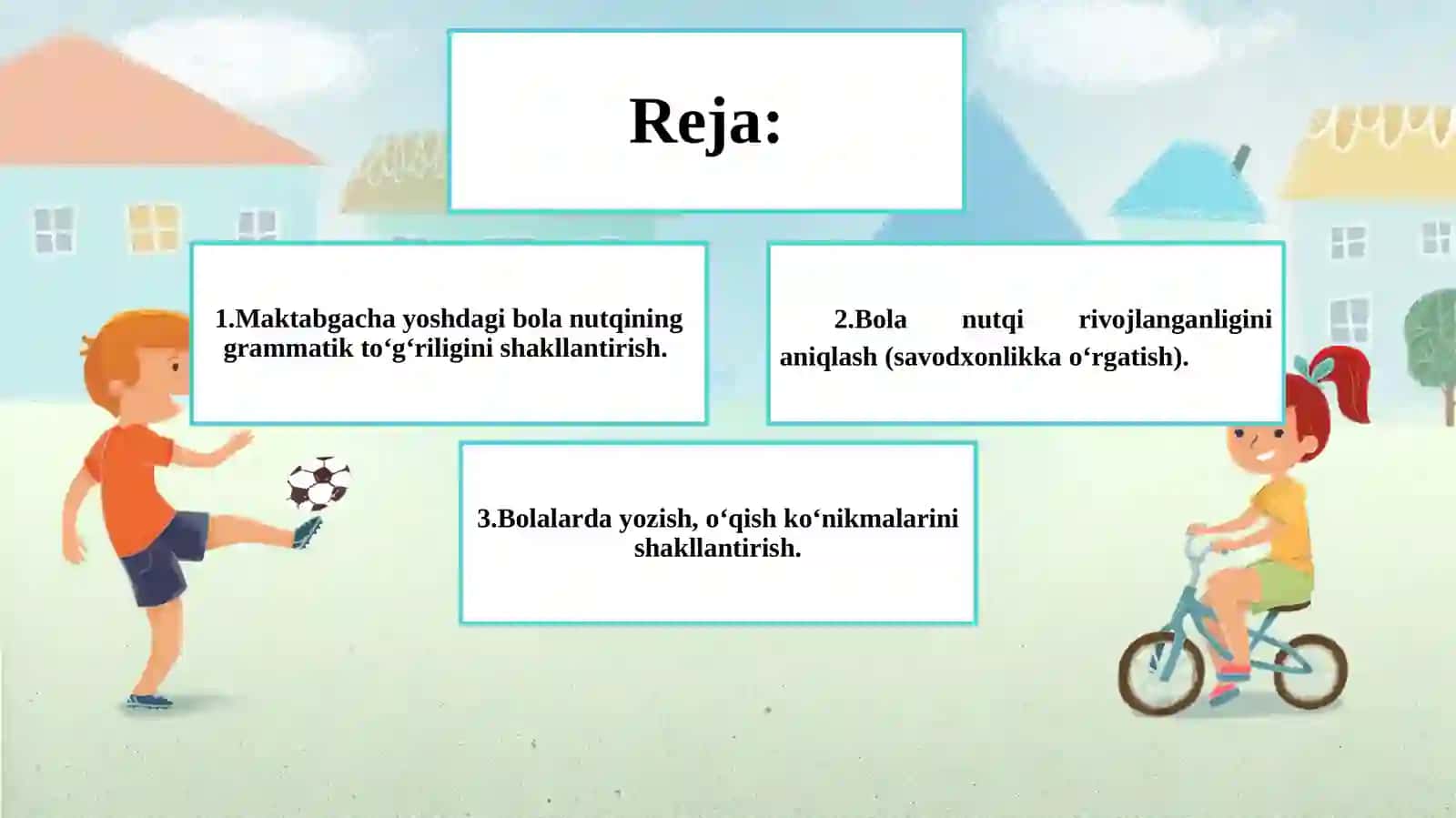 Tovushlarning to‘g‘ri talaffuzi yuzasidan olib boriladigan ishlar mazmuni. Maktabgacha yoshdagi bola nutqining grammatik to‘g‘riligini shakllantirish metodikasi. Bolalarda yozish, o‘qish ko‘nikmalarini shakllantirish 2