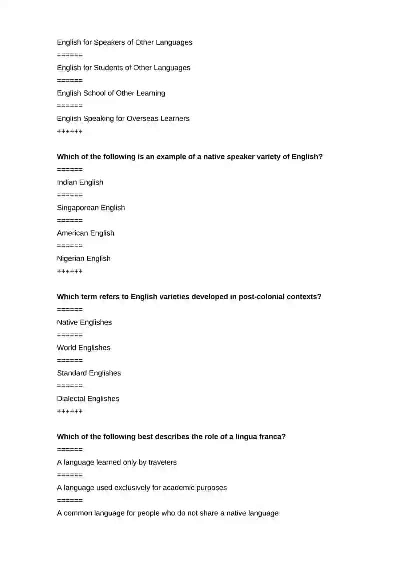 MULTIPLE CHOICE QUESTIONS FOR THE FINAL EXAMINATION ON ELTM COURSE 2
