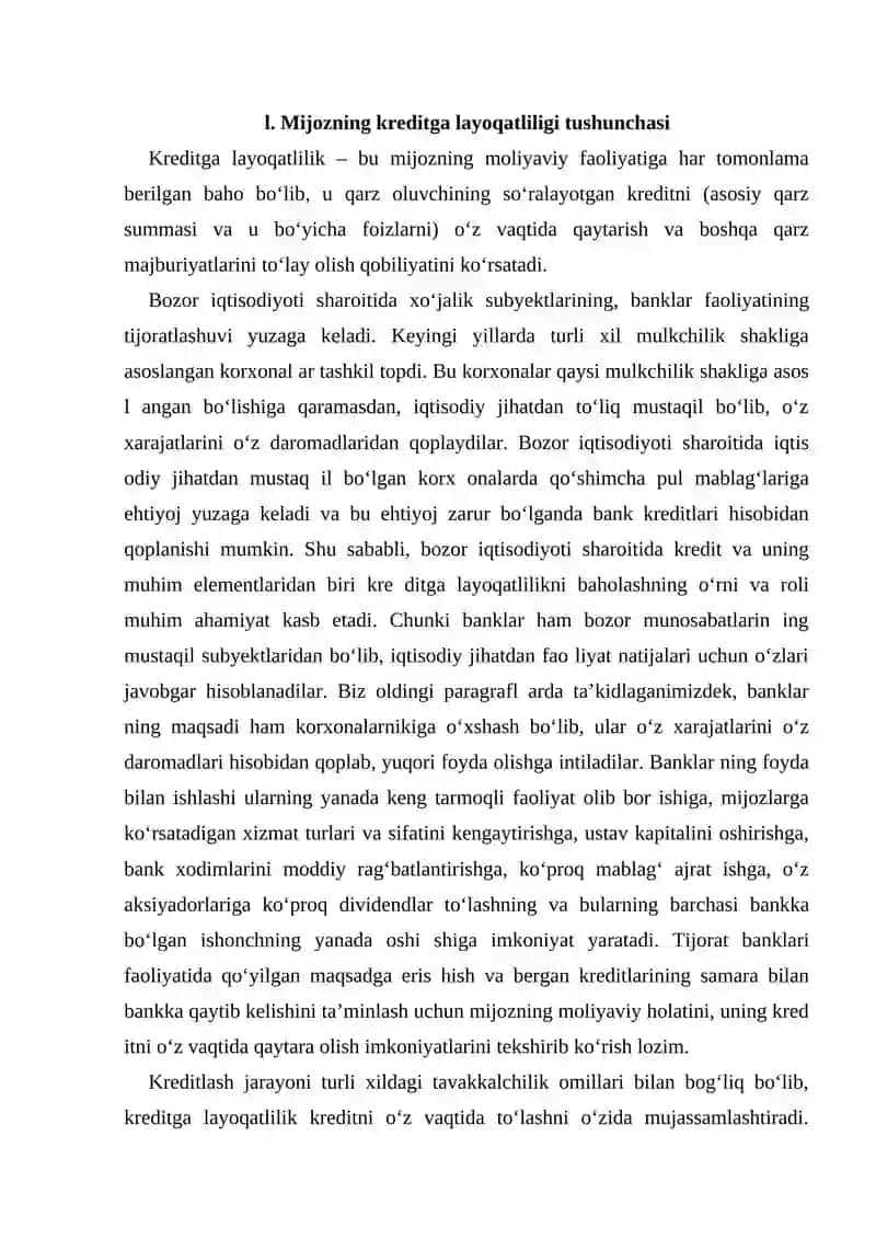 MIJOZNING KREDITGA LAYOQATLILIK KO‘RSATKICHLARI VA ULARNING TAHLILI 2