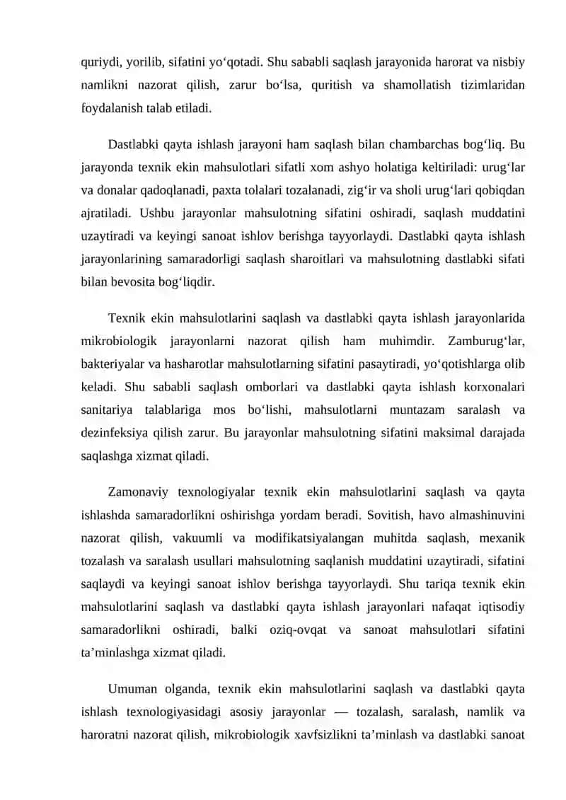 Texnik ekin mahsulotlarini saqlash va dastlabki qayta ishlash texnologiyasidagi asosiy jarayonlar 2