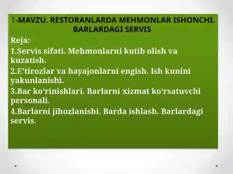 RESTORANLARDA MEHMONLAR ISHONCHI. BARLARDAGI SERVIS 2