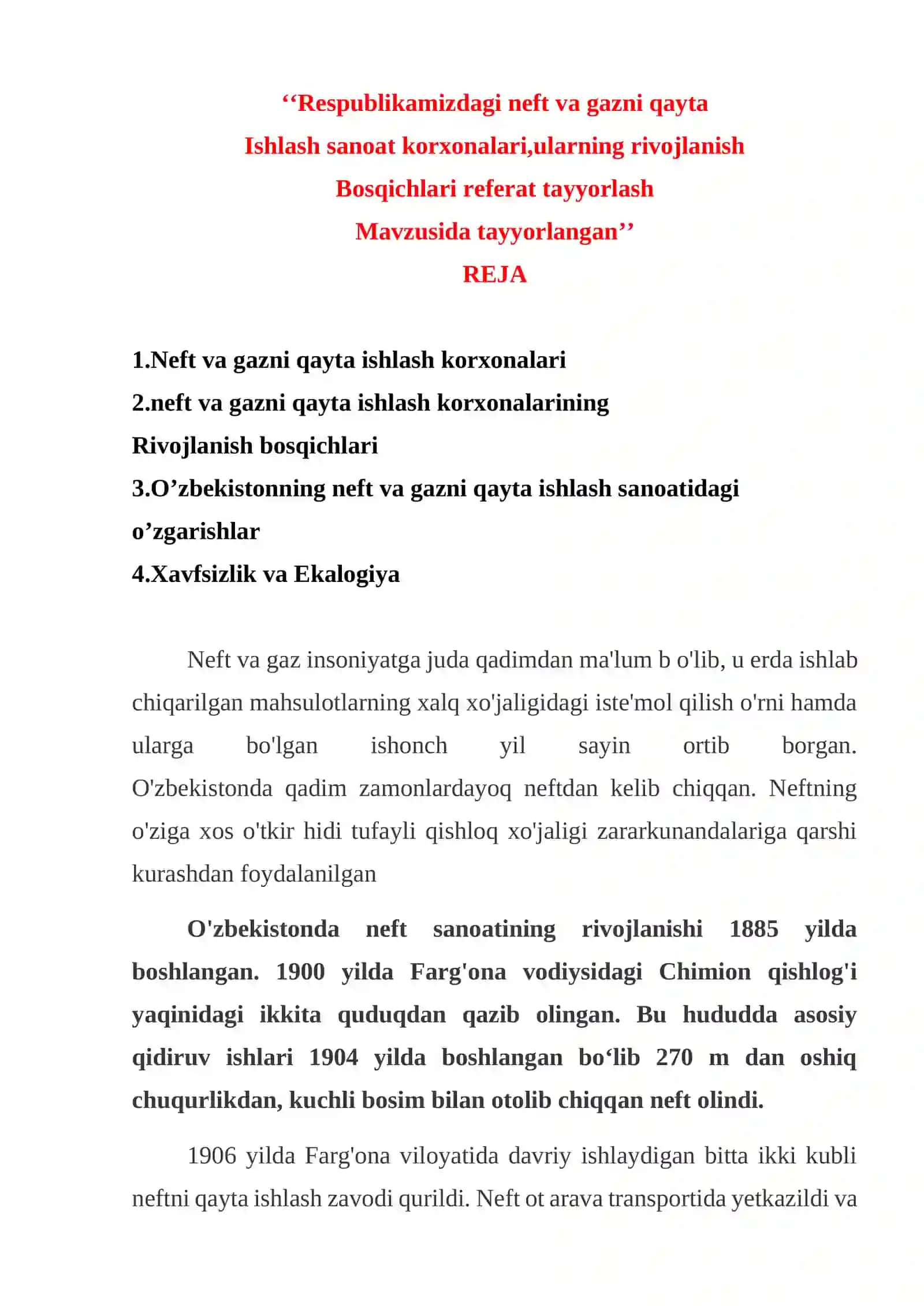 Respublikamizdagi neft va gazni qayta Ishlash sanoat korxonalari,ularning rivojlanish Bosqichlari referat tayyorlash Mavzusida tayyorlangan 2