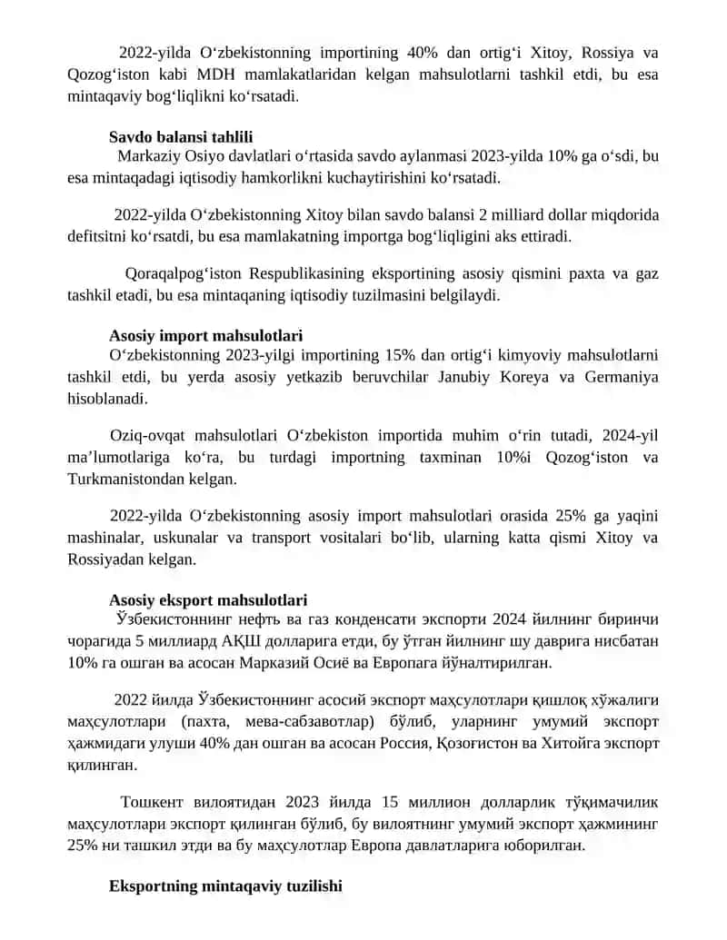 Eksport va importning tovarlar va hududlar bo‘yicha tarkibi 2