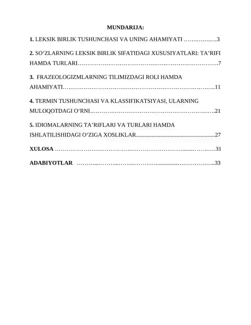 Leksik birliklar turlari: so‘zlar, frazeologizmlar, terminlar va idiomalar kurs ishi 2