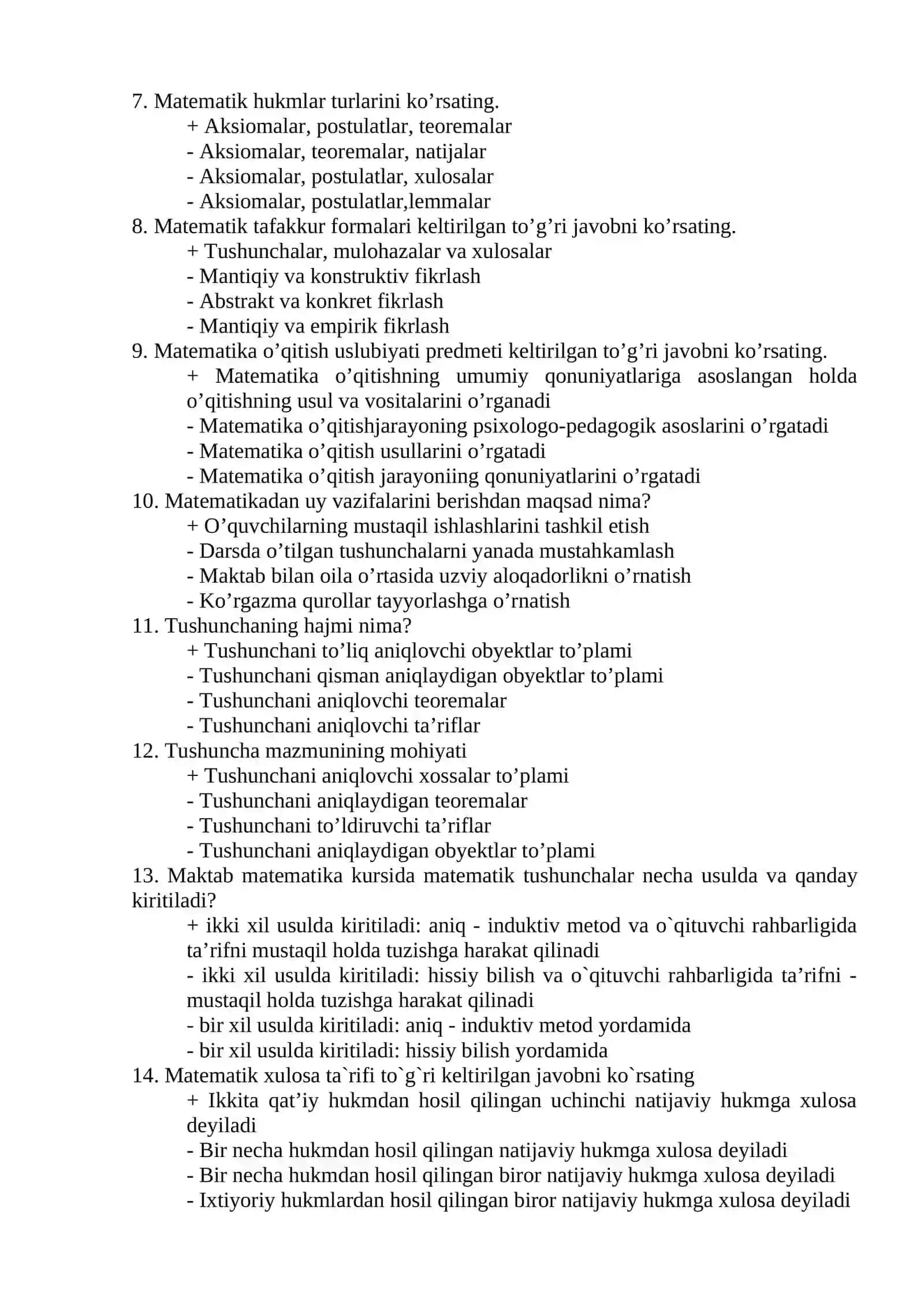 “Matematika va informatika o’qitish metodikasi” fanidan yakuniy nazorat uchun TEST TOPSHIRIQLARI 2