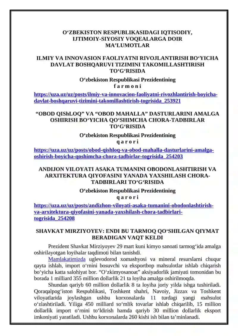 O‘ZBEKISTON RESPUBLIKASIDAGI IQTISODIY, IJTIMOIY-SIYOSIY VOQEALARGA DOIR MA’LUMOTLAR 2