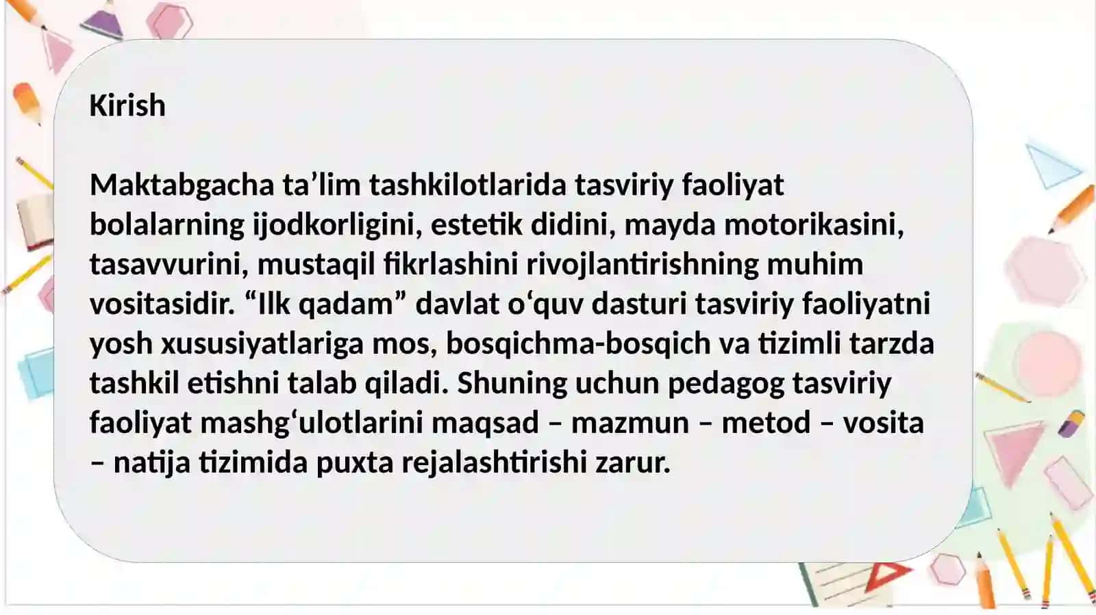 “ILK QADAM” DASTURI ASOSIDA TASVIRIY FAOLIYAT ISHLARINI REJALASHTIRISH 2