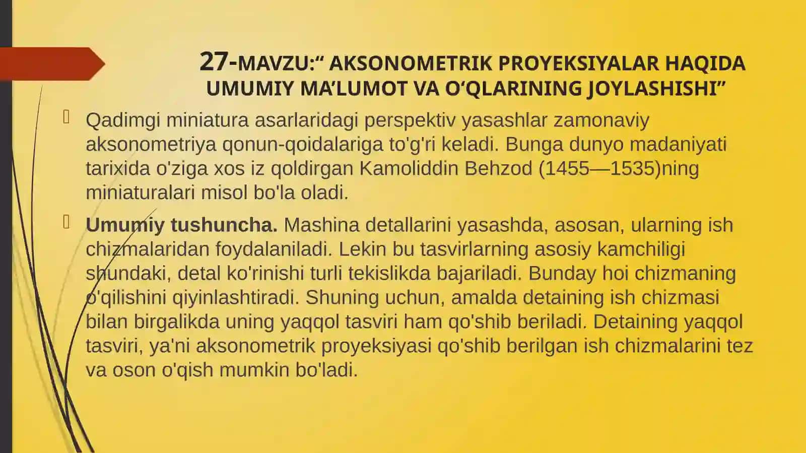 AKSONOMETRIK PROYEKSIYALAR HAQIDA UMUMIY MA’LUMOT VA O‘QLARINING JOYLASHISHI 2