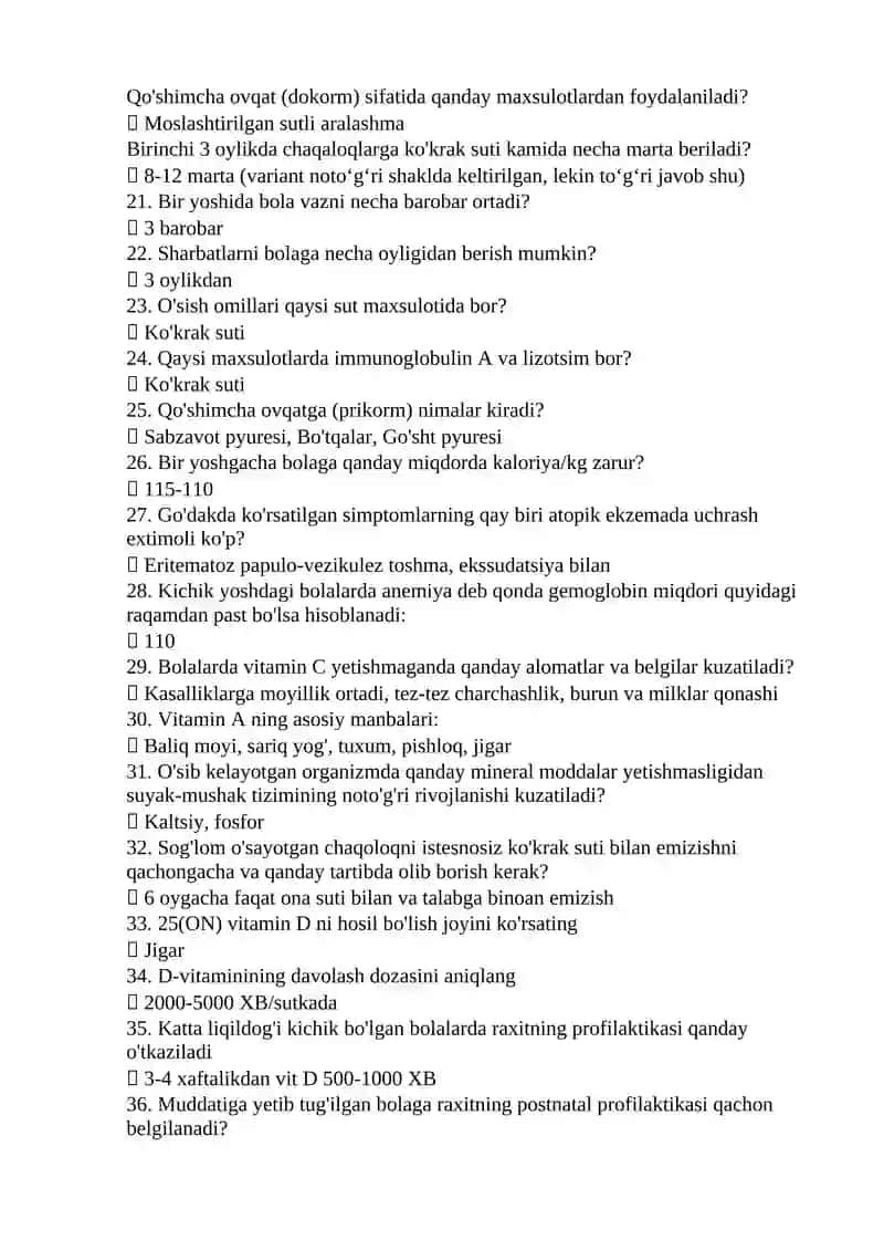 Umumiy pediatriya mutaxassisligi boʻyicha shakllantirilgan test savollari roʻyxati 2