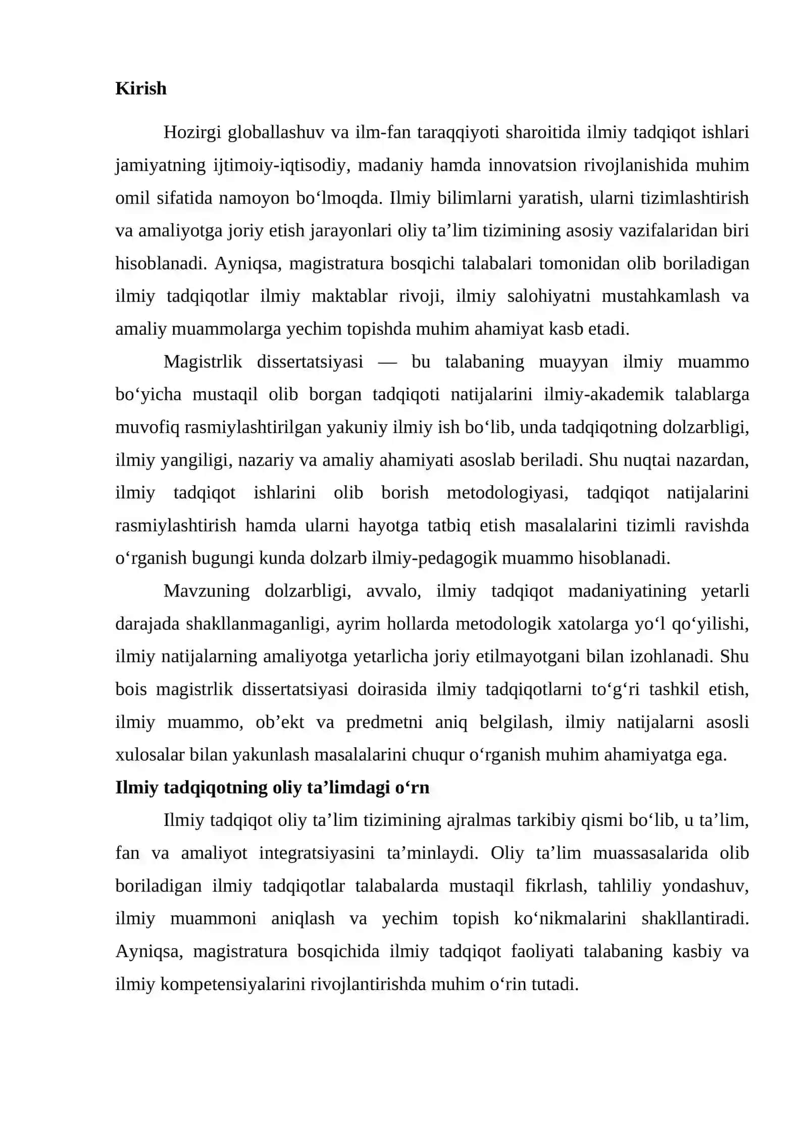 ILMIY TADQIQOT ISHLARINI OLIB BORISH, UNING NATIJALARINI RASMIYLASHTIRISH VA HAYOTGA TATBIQ ETISH. (MAGISTRLIK DISSERTATSIYASI MISOLIDA) 2