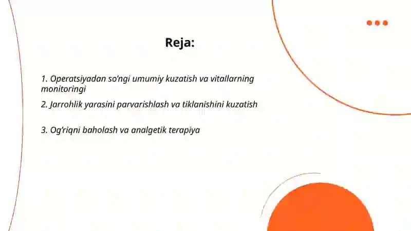 Operatsiyadan so’ngi bemorlarni davolash va parvarish 2