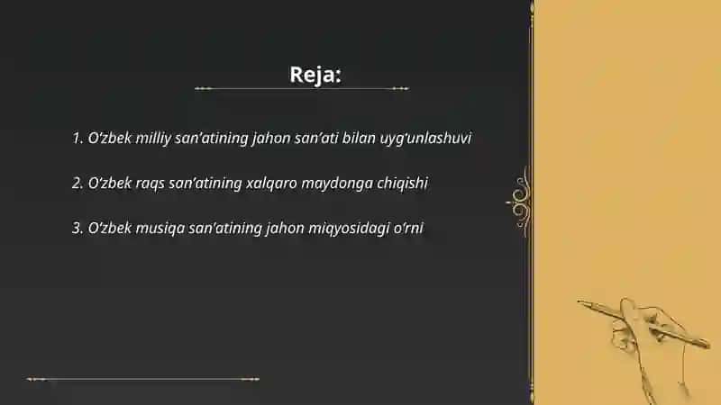 Oʻzbek sanʼatining jahon sanʼati bilan integratsiyalashuvi 2