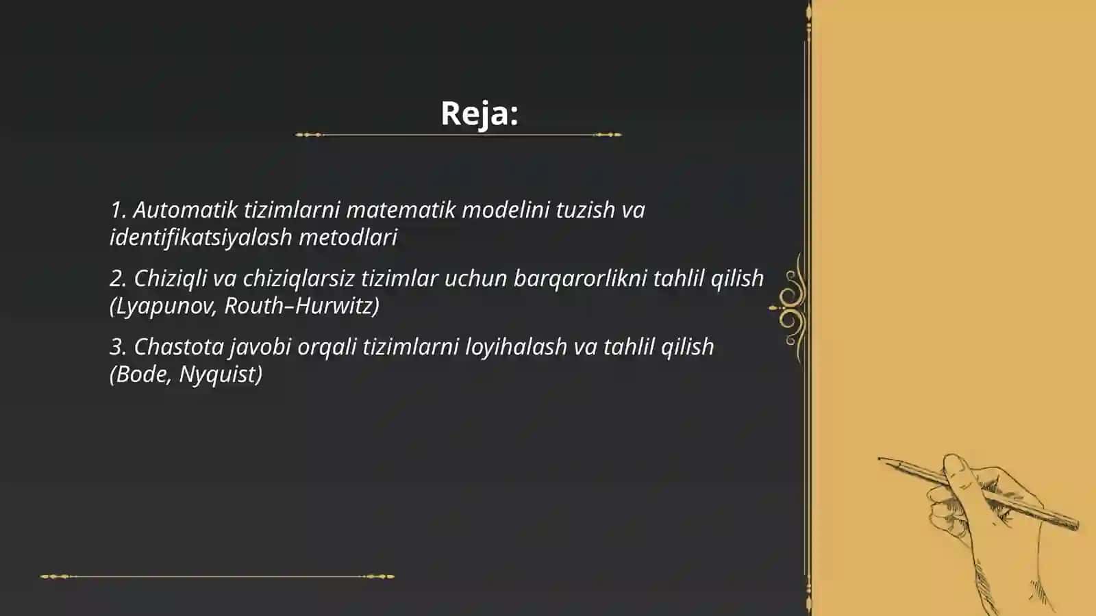Automatik sistemalarni loyixalash uslublarini modelashtirish va analiz masollarini qollash 2