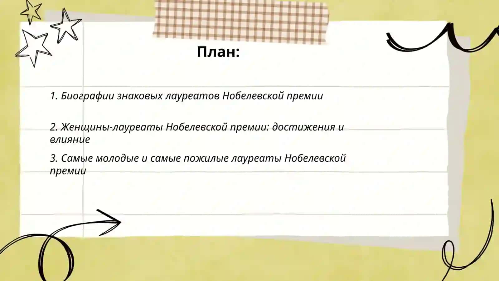 План: Биографии знаковых лауреатов Нобелевской премии 2