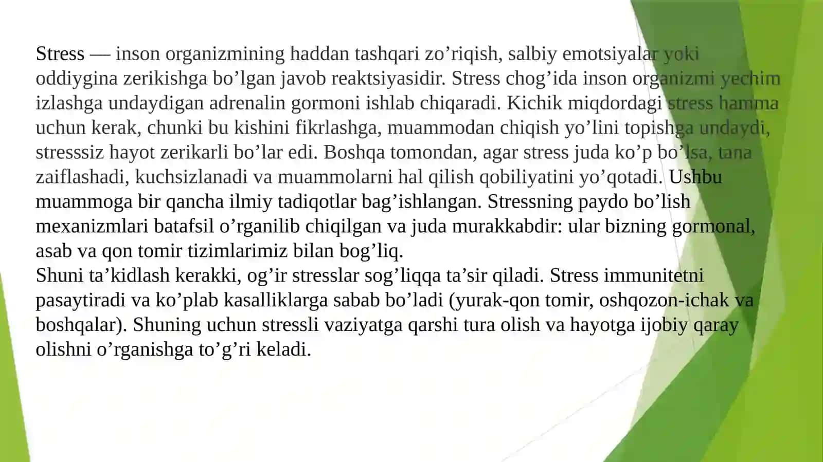 STRESS — ALOMATLARI, TURLARI, SABABLARI, DAVOLASH VA OLDINI OLISH 2