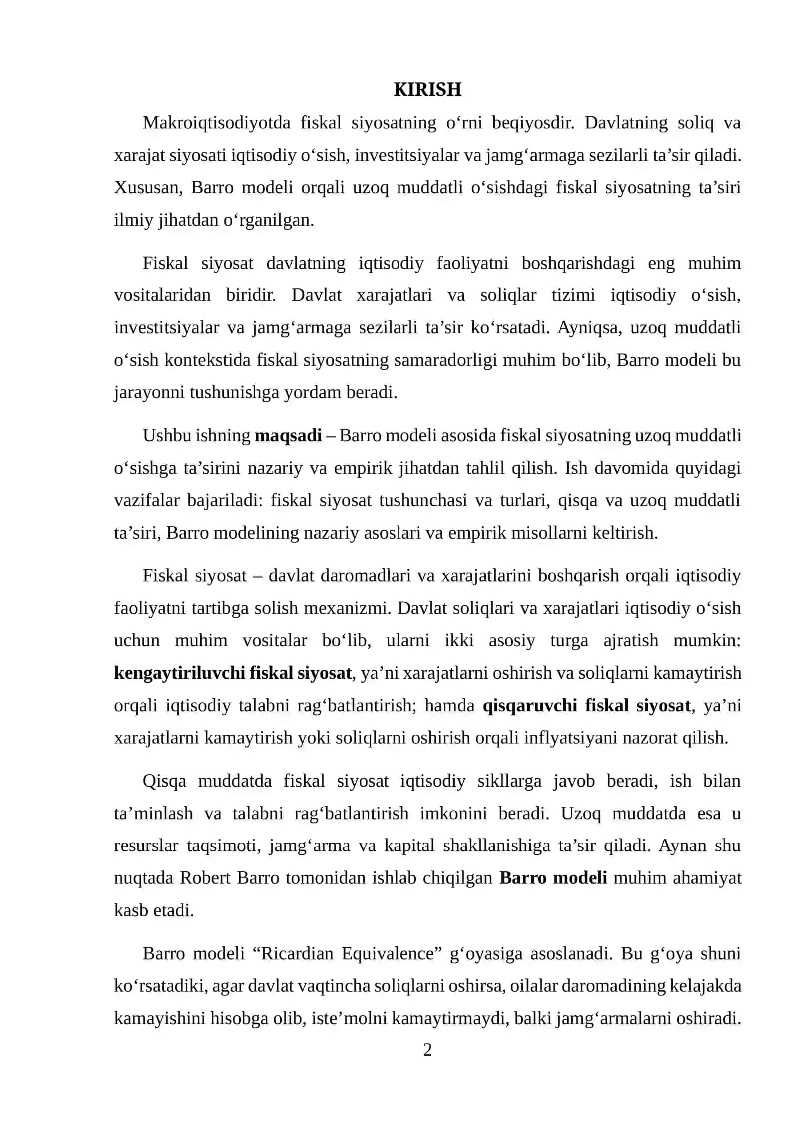 FISKAL SIYOSATNING UZOQ MUDDATLI O‘SISHGA TA’SIRI (BARRO MODELI) 2