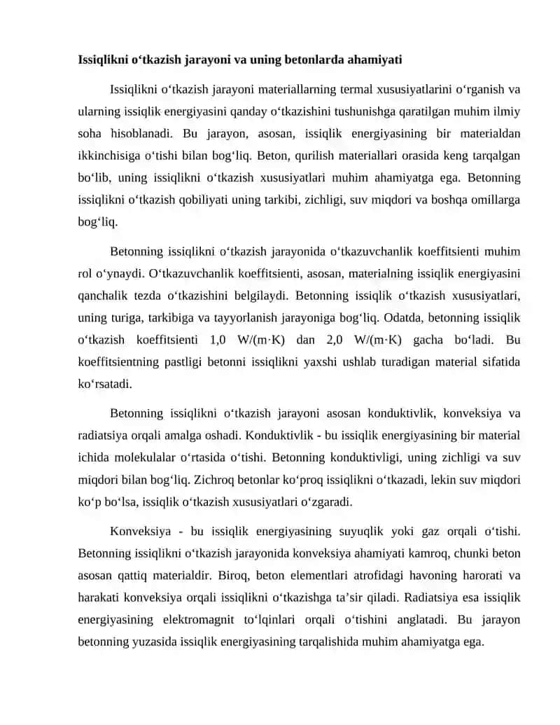 Issiqlikni tez o‘tkazib yubormaydigan betonlar. 2